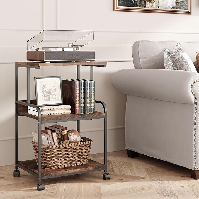 3 Tier Rolling Printer Cart with Wheels, Rustic Brown, Adjustable, Compatible with Printers, Fax Machines, Home Office, Kitchen, Living Room, Bedroom Storage Shelves