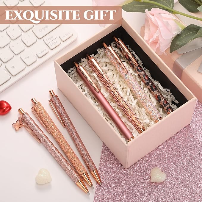 Sherr 7 Pcs Fancy Pens for Women Cute Sparkly Glitter Pens with 10 Pcs Black Ink Refills Pretty Gifts for Girls Office School Christmas Graduation(Rose Gold,Elegant)