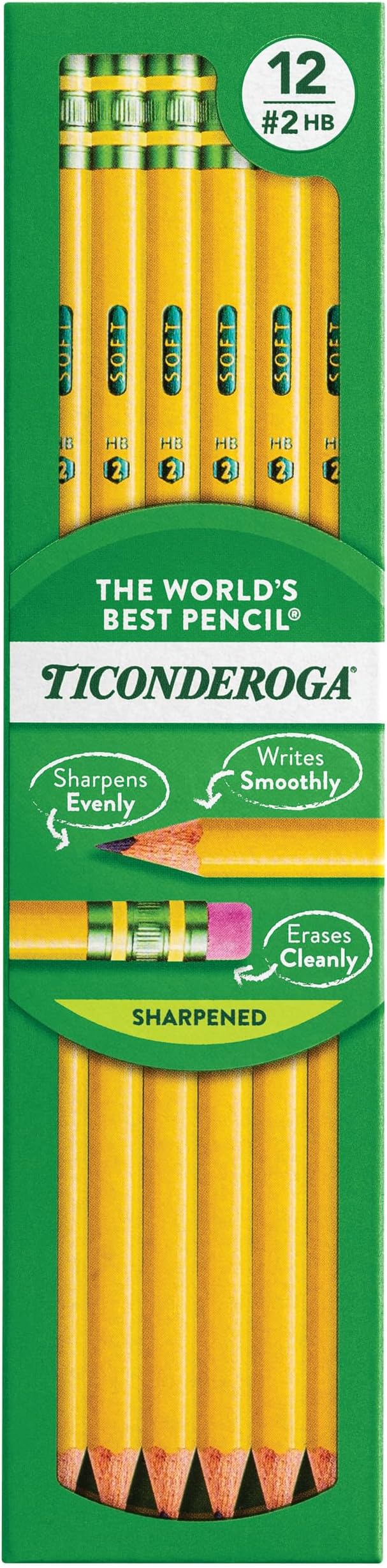 Ticonderoga Wood-Cased Pencils, Pre-Sharpened, 2 HB Soft, Yellow, 12 Count