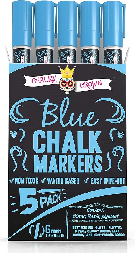 CHALKY CROWN Liquid Chalk Marker Pen - Dry Erase Marker - Chalk Markers for Chalkboard Signs, Windows, Blackboard, Glass - 6mm Reversible Tip (Blue, 5 Pack)