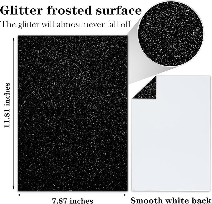 24 Sheets Black Glitter Cardstock Paper, A4 Premium Sparkly Paper for Scrapbook, DIY Projects, Party Decoration, Gift Box Wrapping 250GSM/92lb