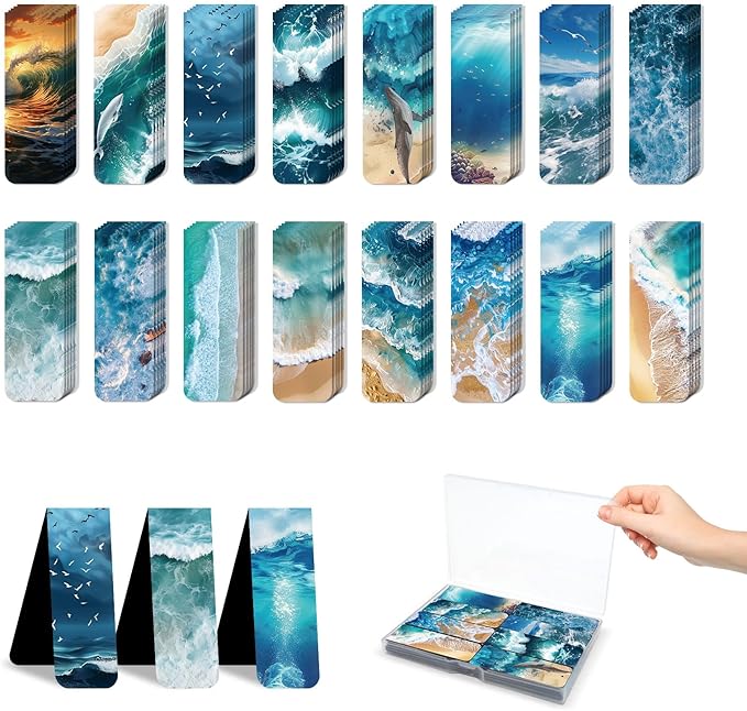 48 Pieces Magnetic Bookmarks Magnet Page Markers - Book Marks for Reading Women & Men with Storage Boxes - Cute Magnet Bookmark Clips for Reading Pleasure（Ocean）