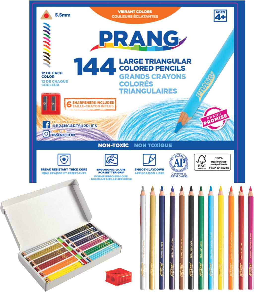 Prang Easy to Hold Colored Pencils Class Pack, 12 Colors, 5.5 mm Core, 144 Pencils, 6 Sharpeners, My First