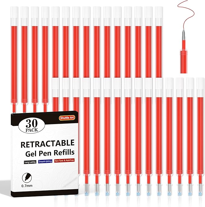 Retractable Gel Pen Refills, Shuttle Art 30 Pack Red Rollerball Gel Ink Pens Refills, Bulk Set, 0.7mm Fine Point for Writing Journaling Taking Notes School Office Home
