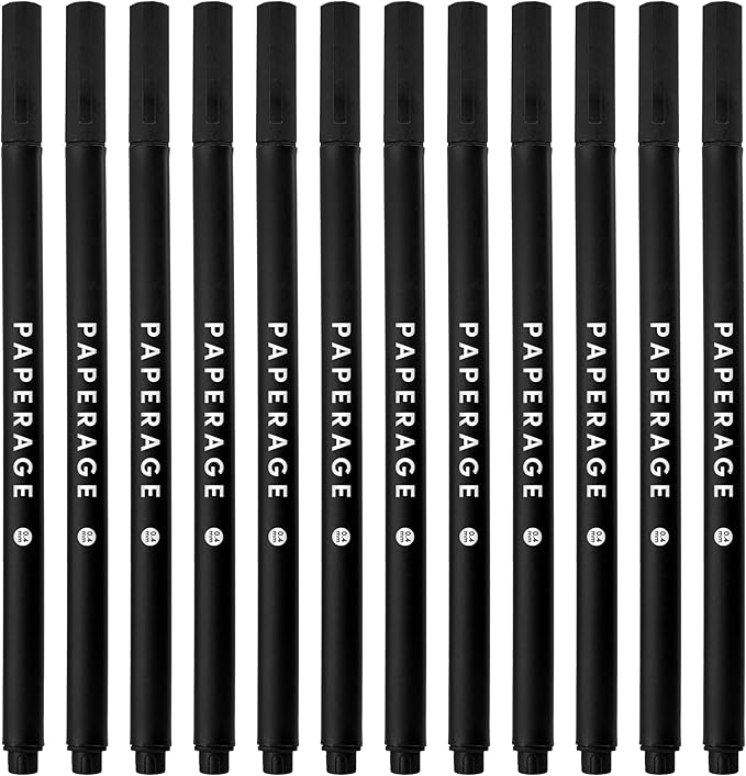 PAPERAGE Felt Tip Fine Point Pens (0.4mm), 12 Pack, Pens For Journaling, Notebooks, Planners, Calendars & Drawing, Great for School, Office, & Home (Black Ink)