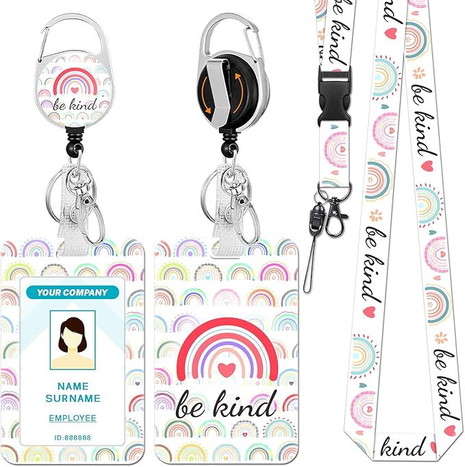 Lanyards for Id Badges, Rainbow Be Kind Badge Holder with Retractable Reel Clip, Cute Work Name Tags Keychain Lanyard ID Card Protector Cover Case for Women Teacher Nurse Doctor Office