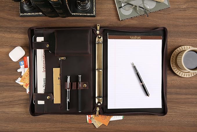 Portfolio Binder 3 Ring, Leather Binder Portfolio Folder for Left-Handed, Zippered Portfolio Padfolio Binder for Women, Leather Portfolio Organizer for Men (Dark Brown, Custom)