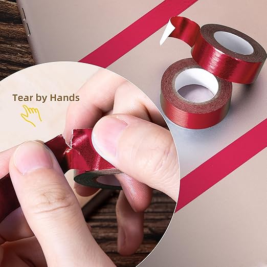 Solid Foil Washi Tape - Low Tack Self Adhesive Decorative Washi Tape Shiny Metallic Color - 3/5 Inch Wide and 66 FT Long Total, Red