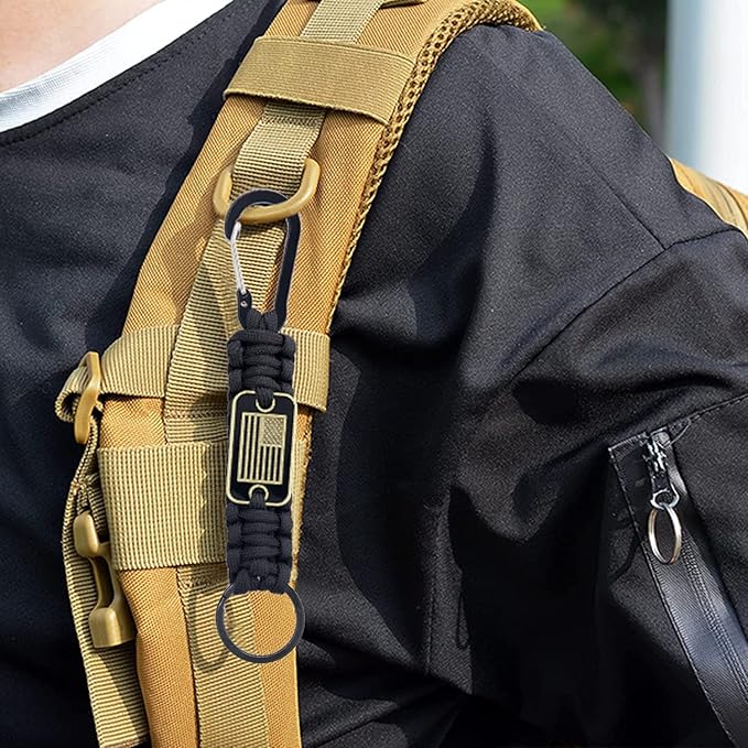 Paracord Keychain with USA Flag, Paracord Carabiner Keychain Clip, Braided Lanyard Utility Ring Hook Outdoor Camping Kit