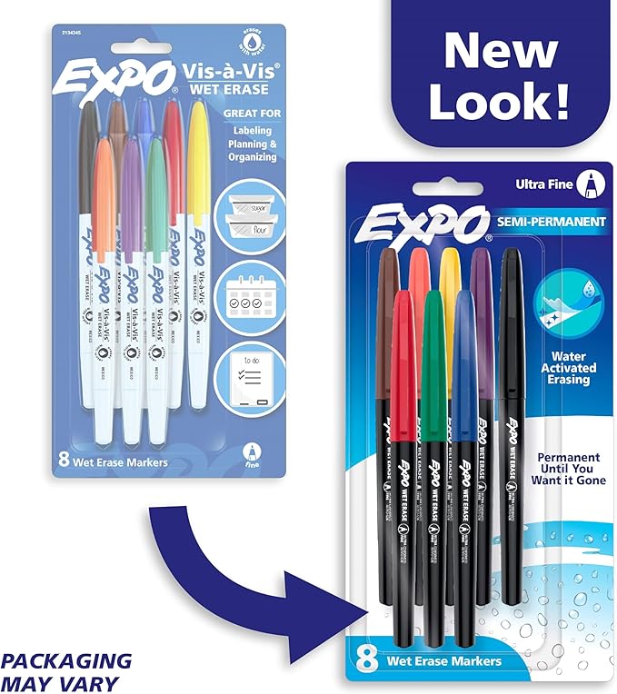 EXPO Vis-a-Vis Wet Erase Marker Set, Fine Tip, Assorted Colors, 8 Count