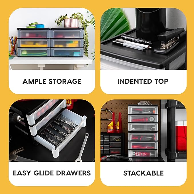 IRIS USA Plastic Stacking Desk Top 3-Drawer Storage Organizer, 1-Pack, for Makeup Vanity Nail Polish Bathroom Stationery Art Craft Supplies Kitchen Office Garage and Small Organization, Medium, Black
