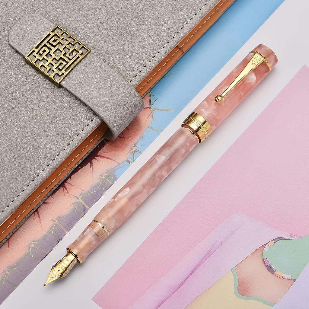 Jinhao 100 Fountain Pen Celluloid Classic Style, #6 Nib Smooth Writing Instrument with Refillable Converter and Pen Case Set