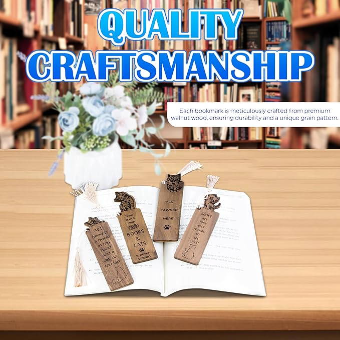 Cat Bookmark – Set of 4 Wooden Bookmarks with Tassels, Made from Walnut Wood,Funny Bookmark Gift for Men and Women, Novelty Gag Bookmark for Book Lovers,Christmas Stocking Stuffer
