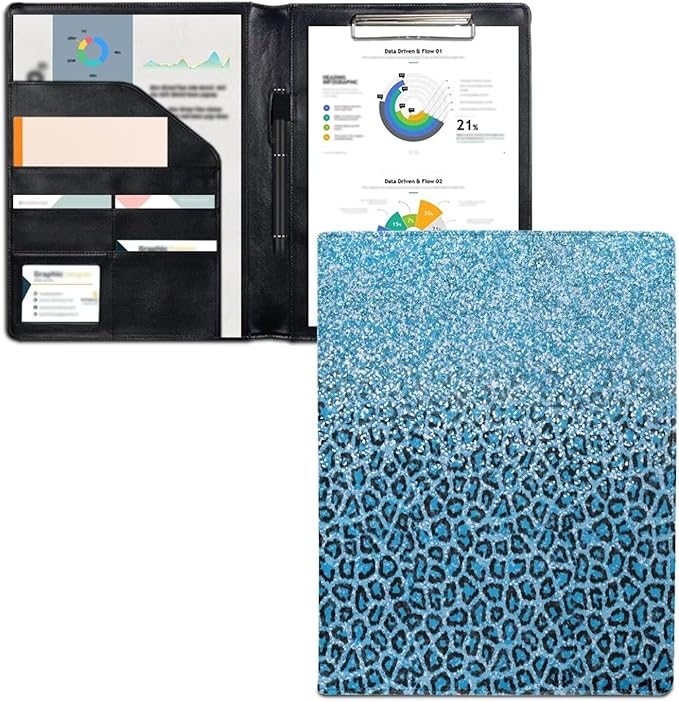 Office Folder Blue Leopard Print PU Leather Padfolio with A4 Size Clipboard Clip for Business Resume Interview Document Sleeve Binder Folder for Men/Women