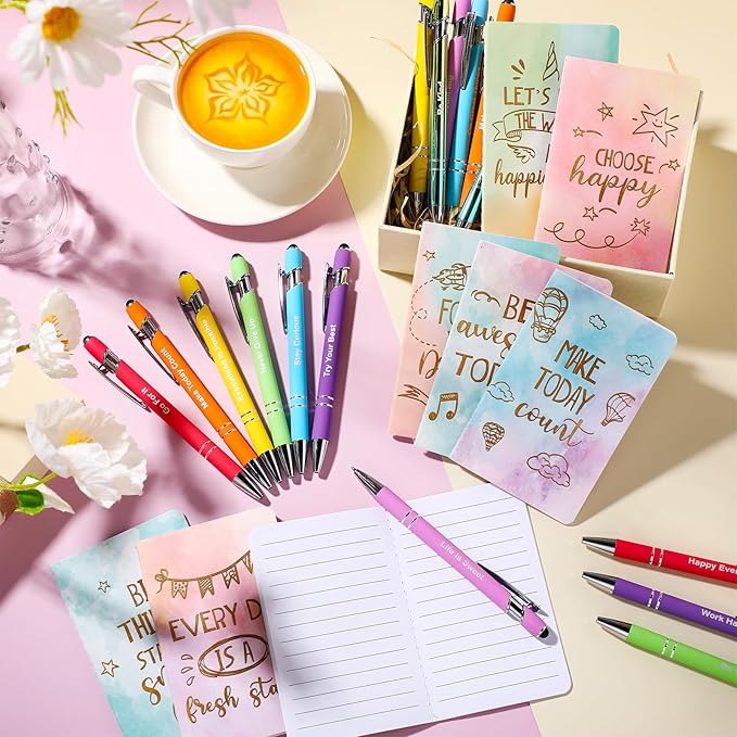 Funrous 32 Pcs Motivational Quote Pens Inspirational Notepads Mini Journal with Ballpoint Pen Small Notebooks Gift Set for Men Women Coworkers, Adult Party Favors Prizes Gift Bulk(Watercolor)