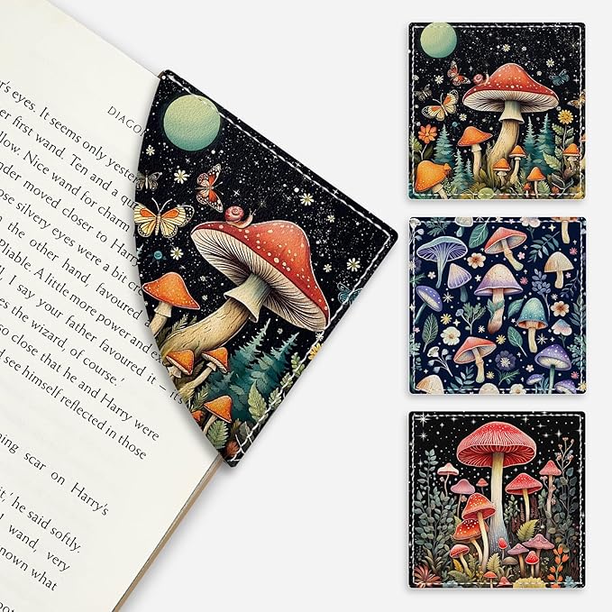 Cute Mushroom Corner Bookmarks, Leather Book Accessories for Book Lovers, 3 Pcs Reading Book Page Markers for Women Men Student Teacher Girls Boys Kids Retirement Birthday Gifts