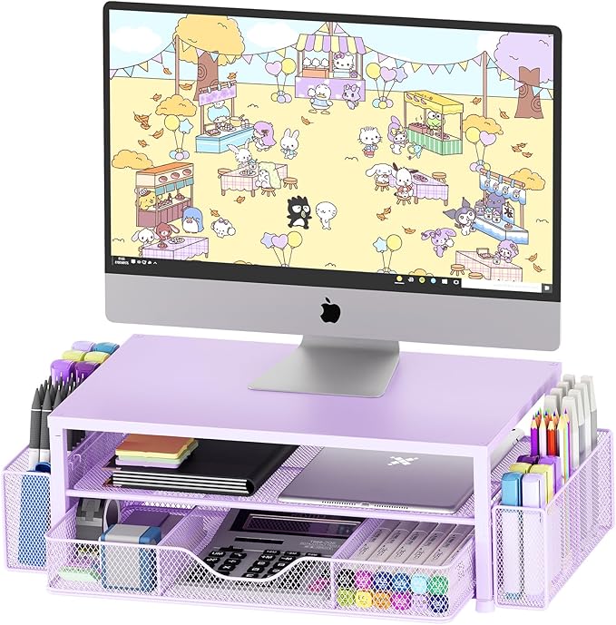 Desk Organizers and Accessories, 2-Tier Computer Monitor Stand for Desk Organizer with Drawer and 2 Pen Holders, Office Desk Accessories Workspace Desktop Organizers for Office Supplies, Purple