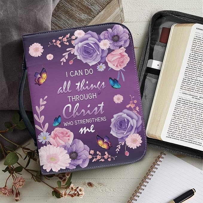 Lotusorchid Flower Butterfly Bible Bags for Women, Portable Bible Cover Bags for Girls, Christian Bible Study Accessories,I Can Do All Things Through Christ Who Strengthens Me Bible Verse, L