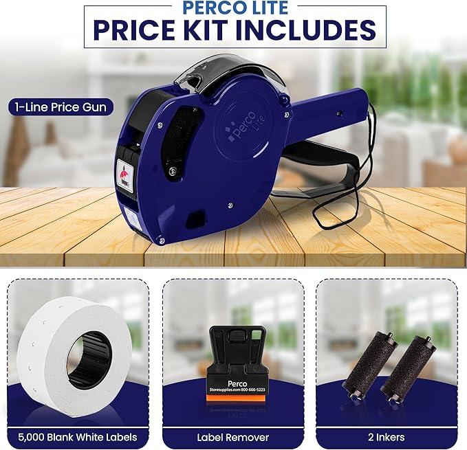 Perco Lite 1 Line Price Gun with Pricemarker Labels Kit - Includes 5,000 Blank White Labels, 2 Ink Rollers, 1 Ink roll and Labels Pre-Loaded