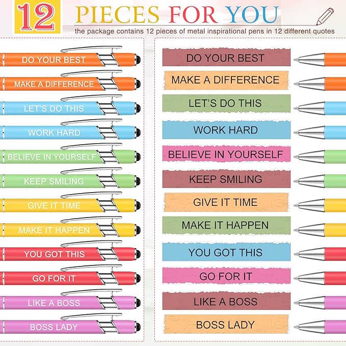 Zonon 12 Pieces Inspirational Pens Bulk Easter Basket Stuffers Motivational Quotes Ballpoint Pens with Stylus Tip Inspirational Gifts for School Office Teachers(Macaron,Boss Lady)