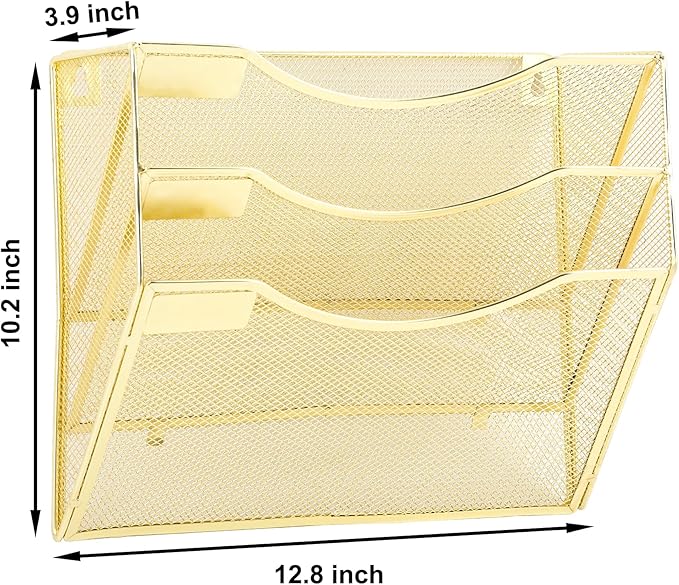 EASEPRES 3 Pocket Mesh Hanging Wall File Organizer, Wall Mounted Mail Paper Document Folder Holder, Clipboard Storage Organization Magazine Rack with Nametag Label for Office Home School, Gold