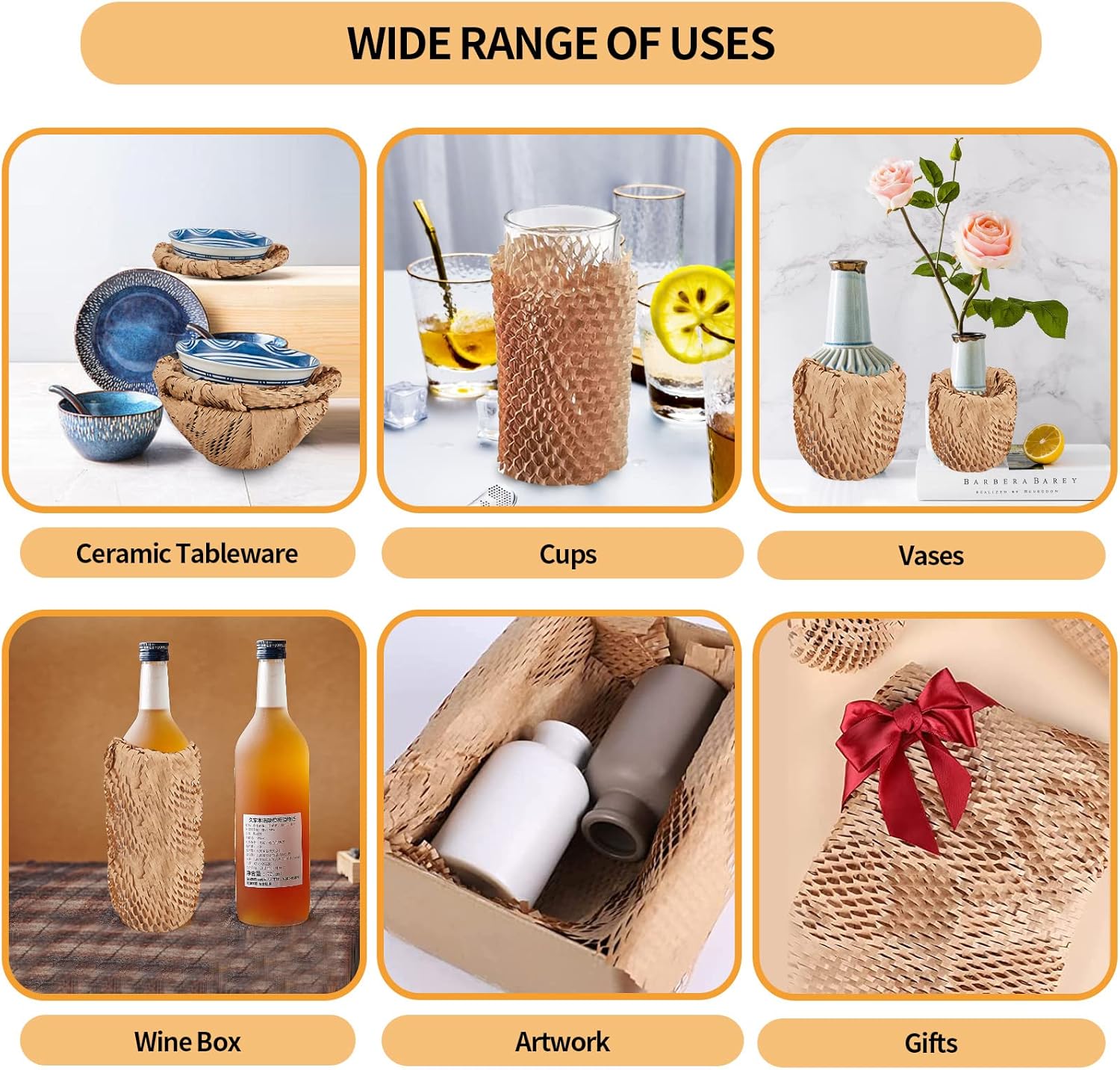 Honeycomb Packing Paper, 15"x230' Honeycomb Cushioning Bubble Wrap Paper Roll for Moving Shipping Breakables Packaging Gifts with 20 Fragile Sticker Biodegradable & Fully Recyclable Brown Kraft