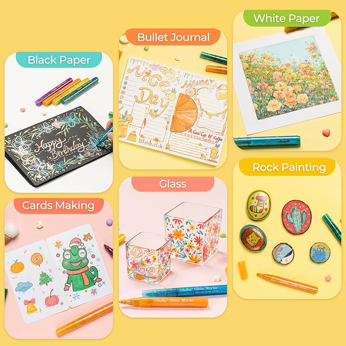 Ohuhu Glitter Markers Pen 18 Glitter Colors Metallic Shimmer Marker Round Point Tip Water-based Ink for Kids Adults DIY Crafts Greeting Birthday Cards Making Poster Album Scrapbooking Mugs Wood