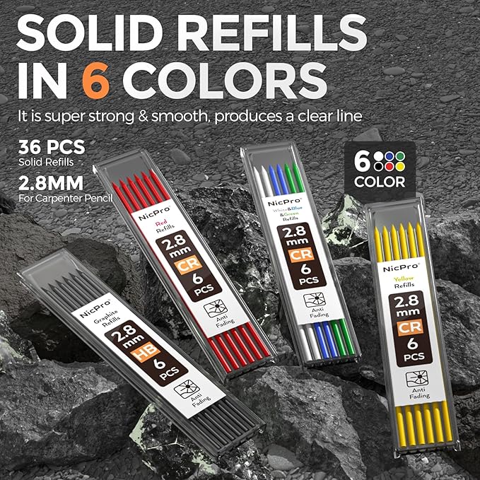 Nicpro 3 Pack CP1000 Carpenter Pencil with Sharpener, Mechanical Carpenter Pencils with 39 Refills, Deep Hole Long Nib Marker Pens for Construction, Heavy Duty Woodworking Pencil for Architect Marking