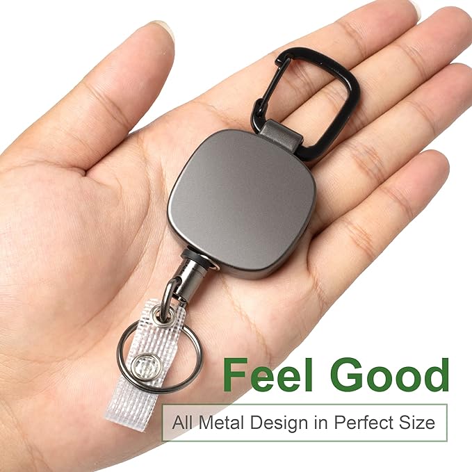 Will Well ID Badge Holder Reel with Clip and Keyring - Heavy-Duty All-Metal Casing with 27.5"UHMWPE Fiber Pull Cord for Durability and Easy Access, Holds up to 8 Keys - 2-Pack, Square, Matte Black