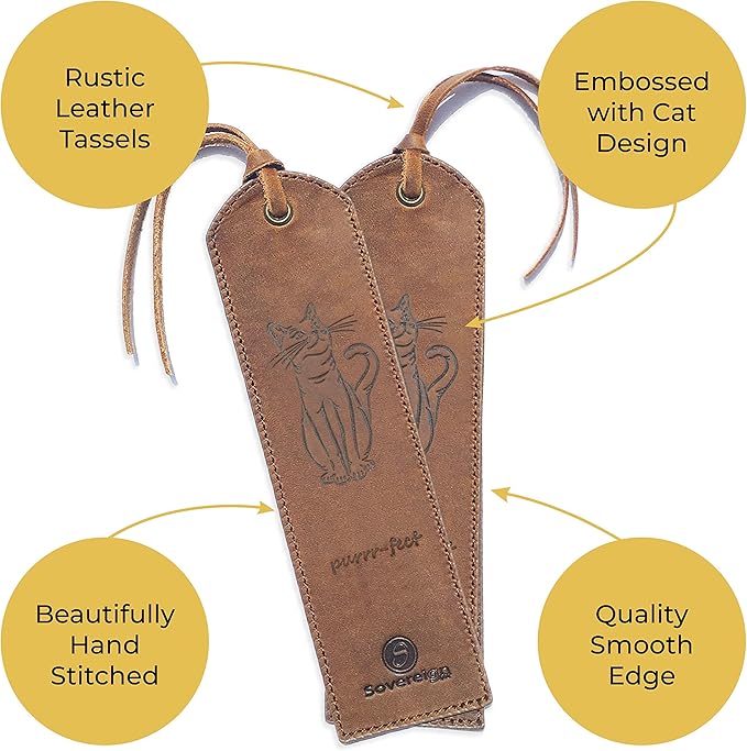 Leather Bookmarks for Men and Women | Quality Mens Bookmark with Cute Cat | 2 Smooth Handmade Leather Book Markers for Men Women Book Lovers Readers (7x2) Leather Gift | Sovereign-Gear