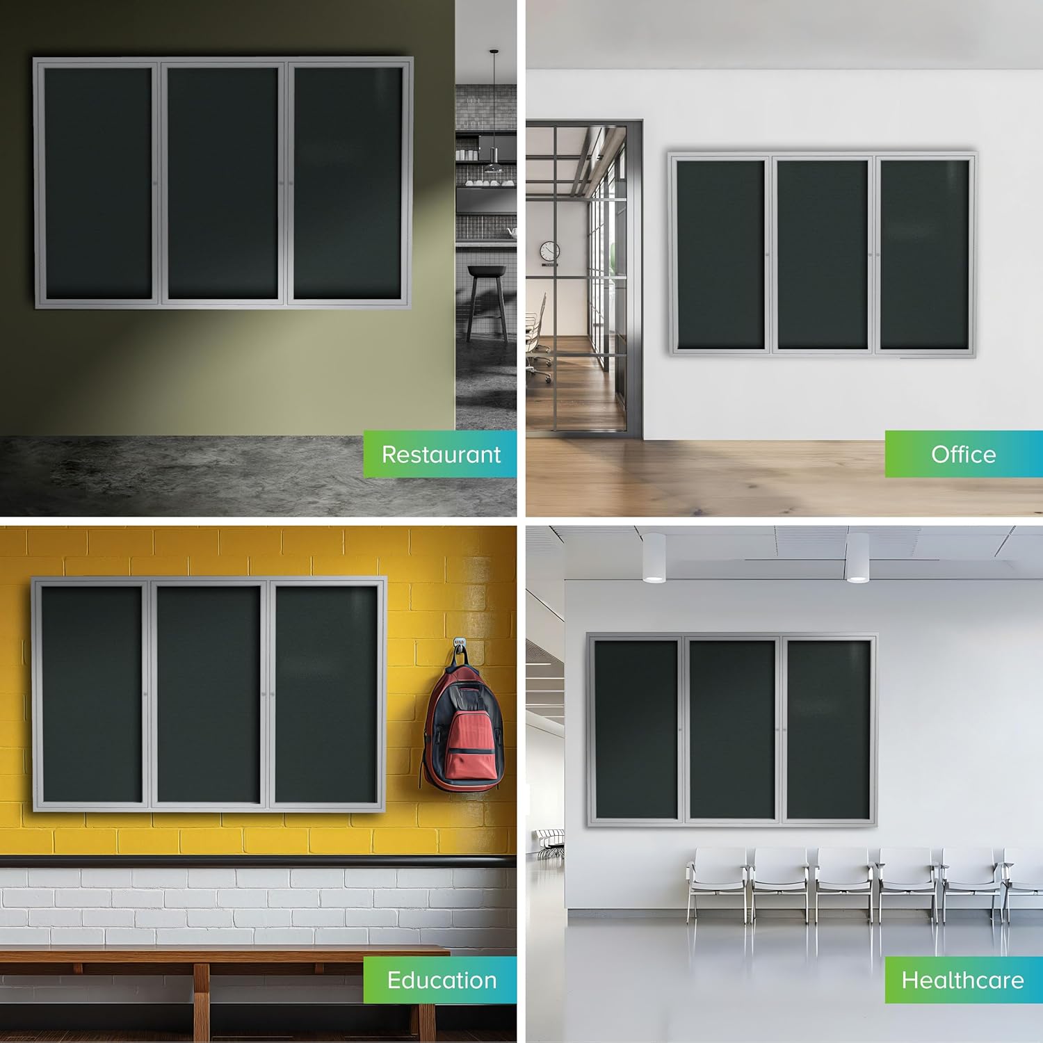 Ghent 36"x72" 3-Door Outdoor Enclosed Vinyl Bulletin Board, Shatter Resistant, with Lock, Satin Aluminum Frame - Ebony (PA33672VX-183), Made in the USA