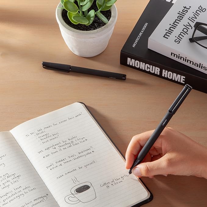 U Brands Catalina Felt Tip Pens, Set of 6, Midnight Black, Painted Metal Hardware, Medium (0.7 mm) Point, Black Ink