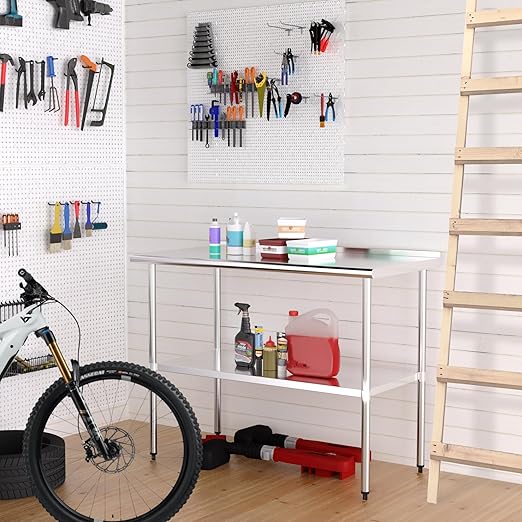 Stainless Steel Table 24 x 48 Inches Metal Prep Table with Backsplash & Adjustable Undershelf, Stainless Table for Commercial Kitchen, Outdoor, Restaurant, Hotel & Garage