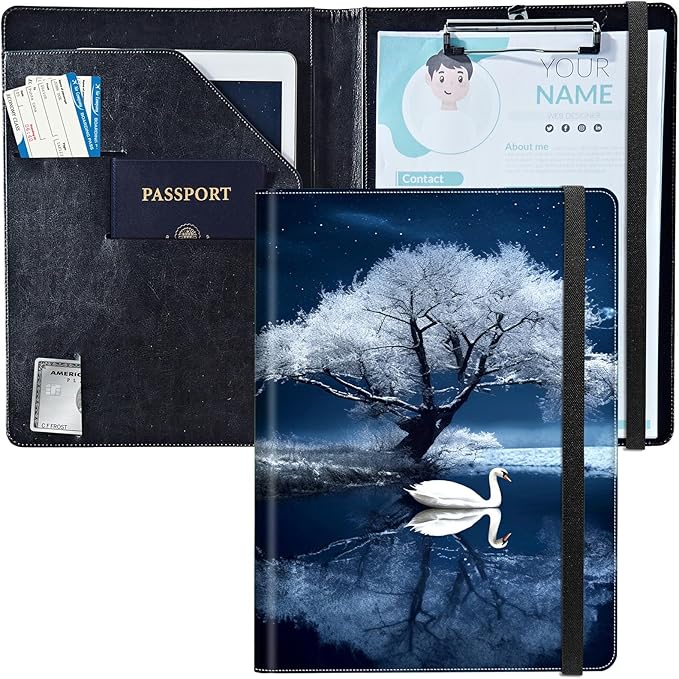 PU Leather Padfolio Clipboard Notepad with Pen Loop and Elastic Strap Interview/Resume Document Organizer for Business School Office,Swan and Tree