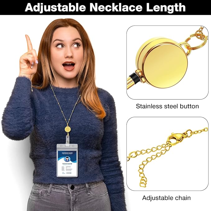 Outus 2 Pieces Badge Lanyard with ID Holders Stainless Steel Badge Holders Necklace Retractable Reel Clip Chain Water Resistant Name(Gold)