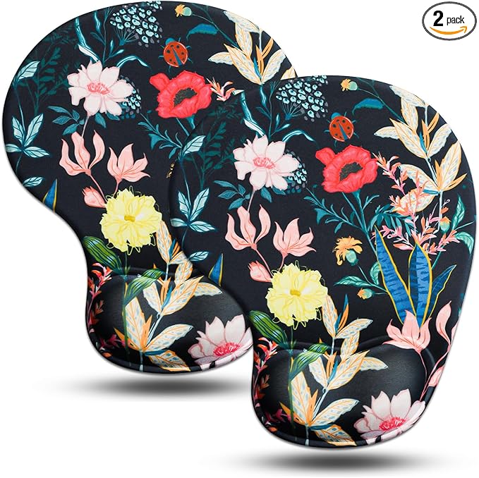 JIKIOU Mouse Pad, 2 Pack Ergonomic Mouse Pads with Comfortable Gel Wrist Rest Support and Lycra Cloth, Non-Slip PU Base for Easy Typing Pain Relief Durable and Easy to Clean Small Black Flowers