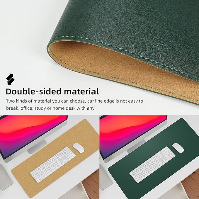 Leather Desk pad Protector, Large Desk mat with Natural Cork & PU Leather,Large Mouse pad, Office Desk Mat,Waterproof Desk Writing Pad for Office and Home (47in*17in, Dark Green)