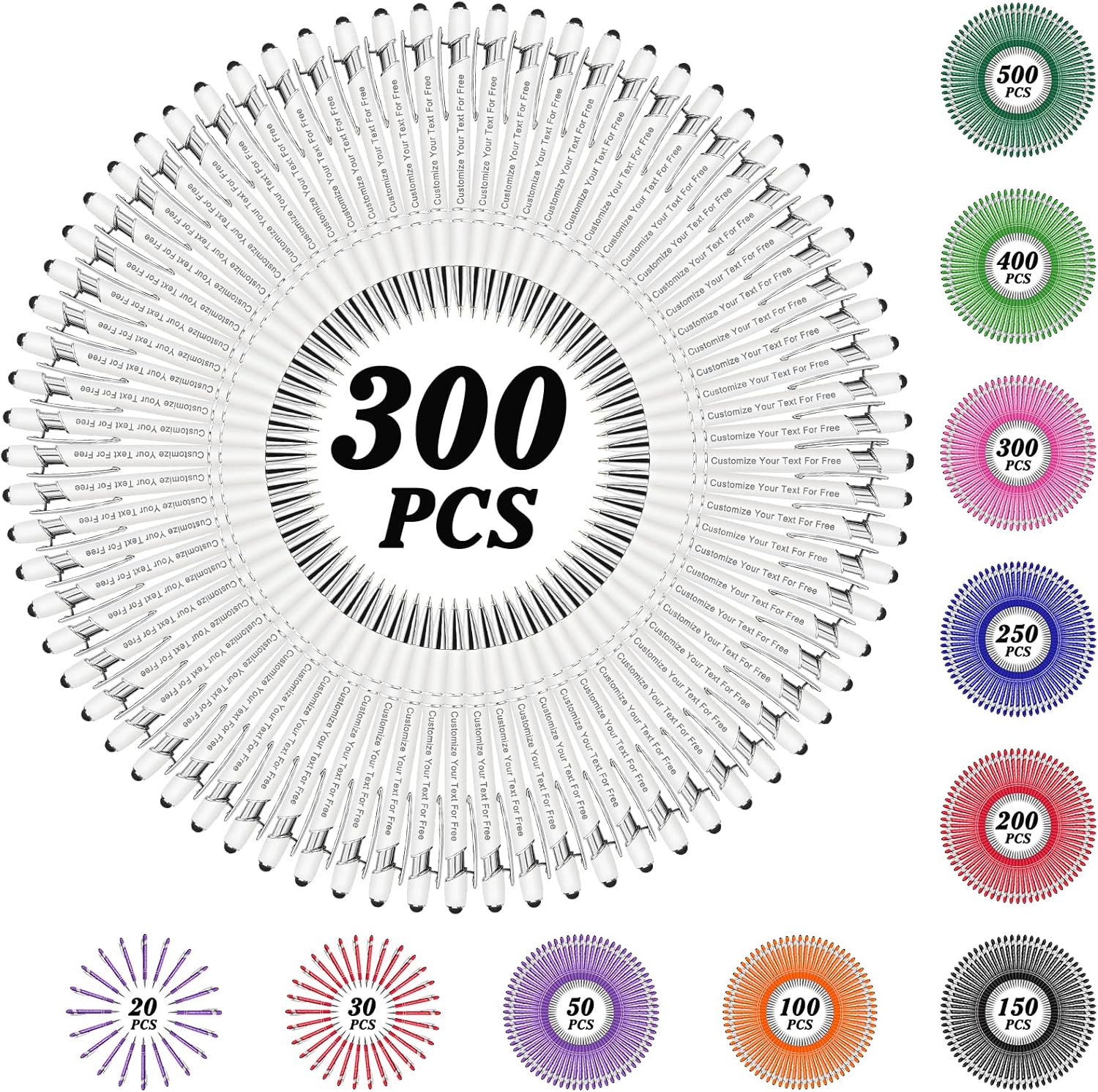 Max 500 Pcs Personalized Pens Bulk, Custom Pens with Free Engraving, Customized Stylus Tip Ballpoint Pen with Your Name Massage Text for School Office Business Graduation Anniversaries-300 Packs