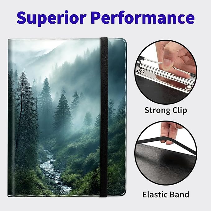 Forest in Rain Padfolio Folder with Clipboard,Portfolios Organizer Clipboards with Storage Clipboard Writing Pad PU Leather Conference Document Organizer with Business Card Holder