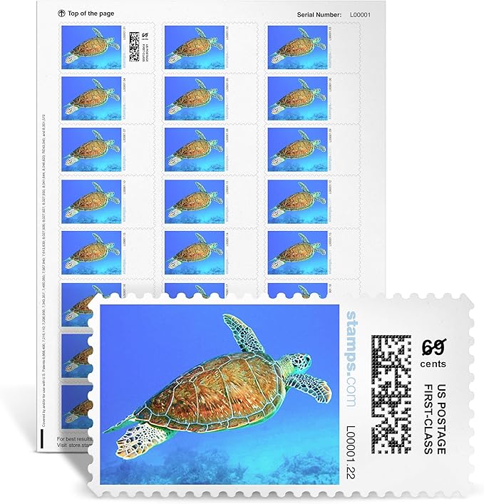Hawksbill Turtle NetStamps 120-Pack (5 Sheets) Printable Postage Labels (Stamps.com Subscription Required) - Print Approved Postage - Inkjet & Laser Printers - Business, Personal, Home