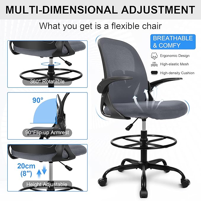 Primy Drafting Chair Tall Office Chair with Flip-up Armrests Executive Ergonomic Computer Standing Desk Chair with Lumbar Support and Adjustable Footrest Ring（Dark Gray）