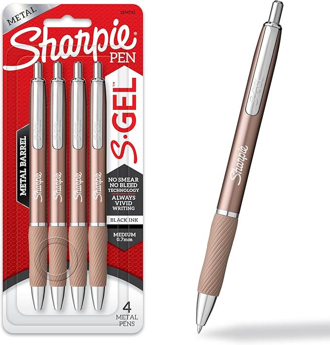 Sharpie S-Gel, Gel Pens, Sleek Metal Barrel, Champagne, Medium Point (0.7mm), Black Ink, 4 Count