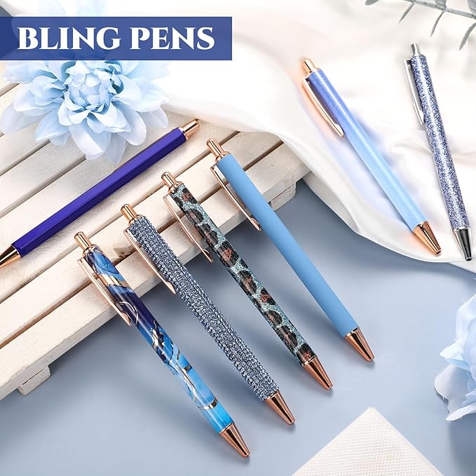 Sherr 7 Pcs Fancy Pens for Women Cute Sparkly Glitter Pens with 10 Pcs Black Ink Refills Pretty Gifts for Girls Office School Christmas Graduation(Dark Blue,Adorable)