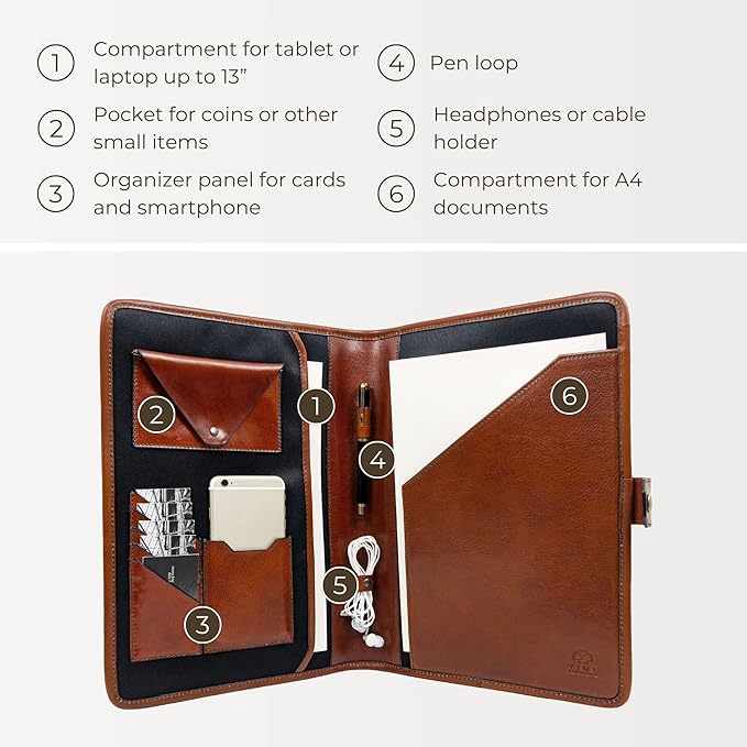 Time Resistance Leather Portfolio - A4 Business Folder - Document Organizer Folio - Case for 13" Laptop - Gift Box Included