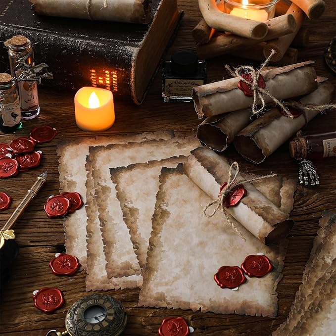 Vintage Writing Invitations Set Includes 100 Letter Antique Scroll Rustic Papers 100 Wax Seal Stickers 3 Strands of Twine for Valentines Mother Stationery Old Medieval Cardstock(5 x 7 Inch)