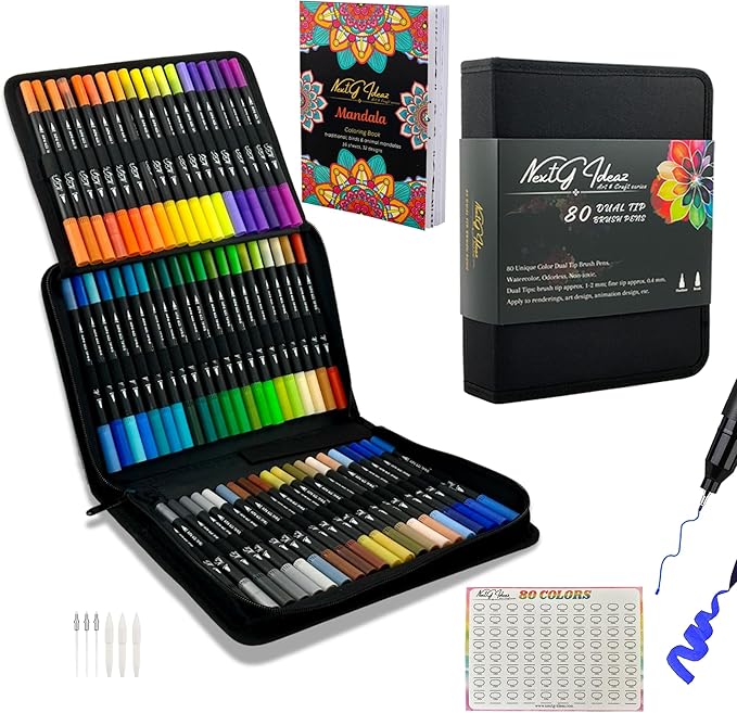 Dual Tip Brush Art Marker Pens, 80 Unique Bright Color, Water-Based Ink, Fineliner & Brush Tip Pens for Arts Lovers Coloring Drawing Book, Calligraphy Writing, Sketching and Doodling
