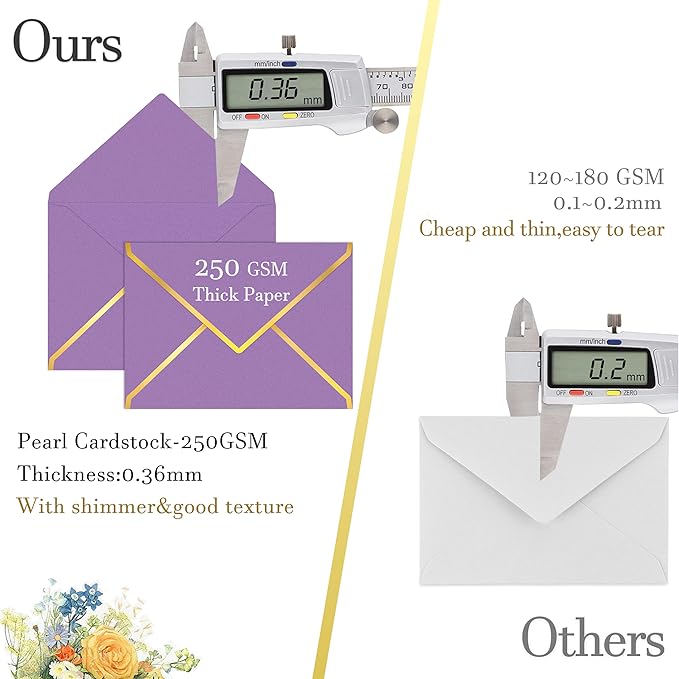 60 Pack Gold Envelopes 5x7 Bulk Purple, 250G Pearled Cardstock A7 Envelopes for Invitations Business Mailing Envelope with Gold Foil Border, A6 4x6 Envelopes for Wedding Baby Shower Cards