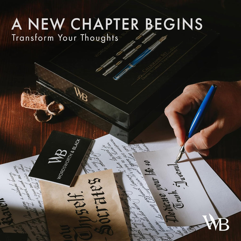 Wordsworth & Black Calligraphy Pen Gift Set, Includes Bottle, 6 Cartridges, Refill Converter, 6 Replacement Nibs, Premium Package, Journaling, Smooth Writing Pens [Blue Chrome]