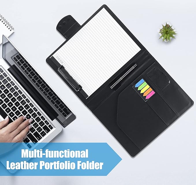 Padfolio Clipboard Folder, Leather Portfolio Organizer Binder with Magnetic Closure Cover for Interview Resume Office Conference, Business Portfolio Included Letter Sized Papers & Sticky Tabs & Pen