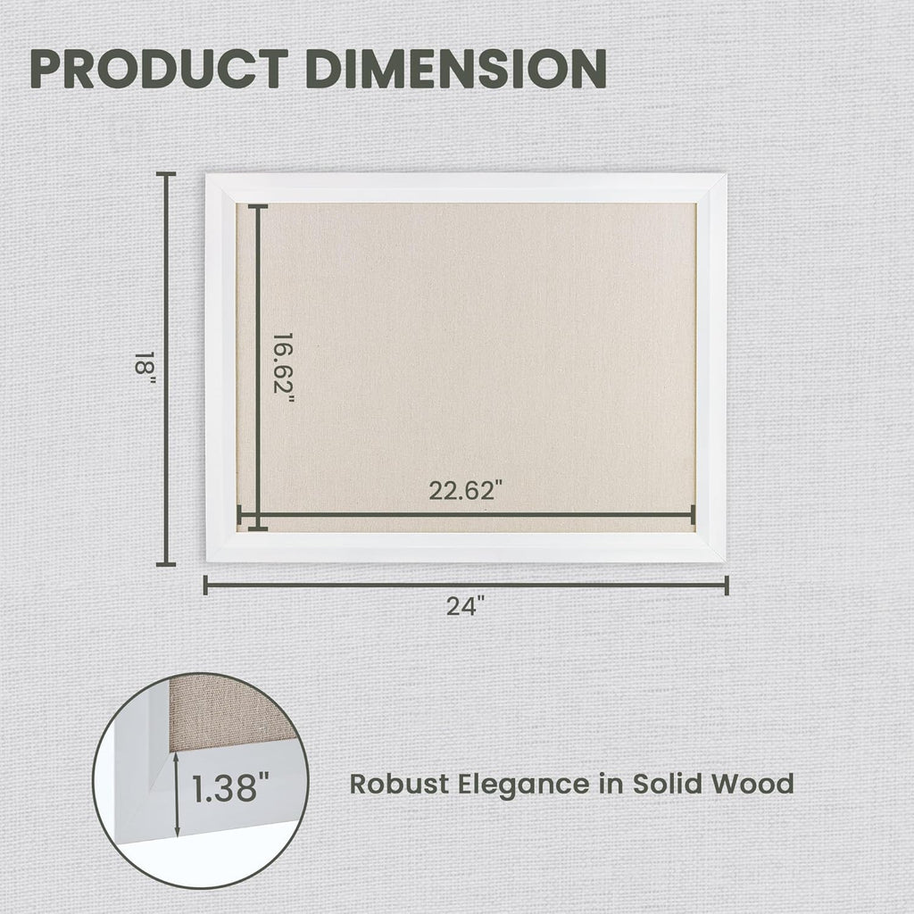 Bulletin Board Cork Board with Linen, 100% Wood Framed 18" x 24" Bulletin Board Decorations, Pin Boards for Walls, Wall Mounted Fabric Picture Board with 10 Pushpins for School, Home & Office, White